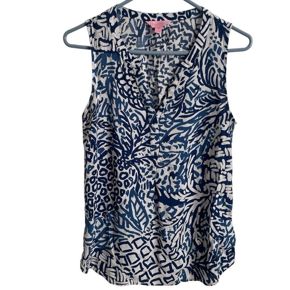 Lilly Pulitzer Womens Stacey Top XS Blue Batik Sleeveless Lightweight Resortwear